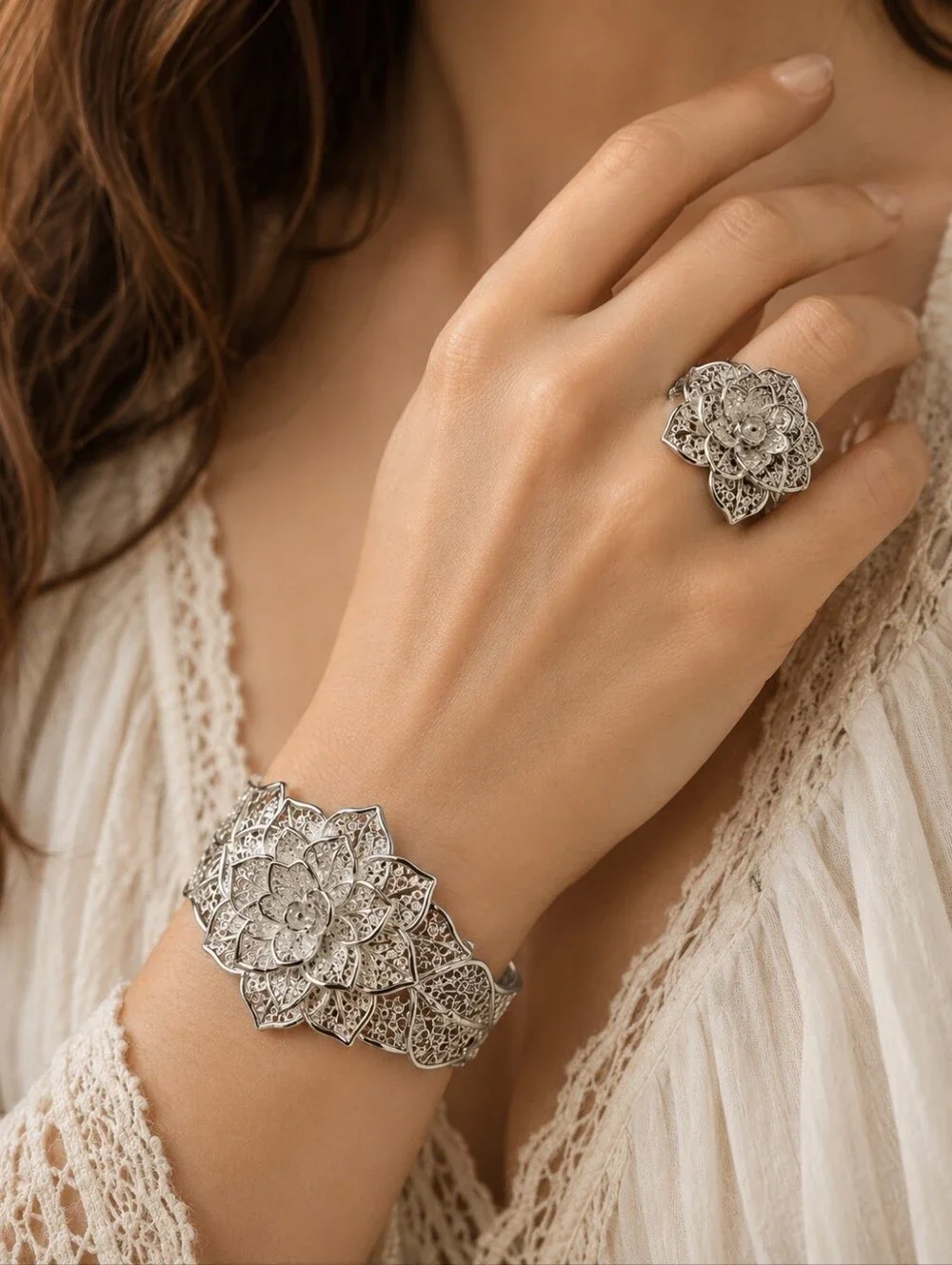 Silver Tone Floral Statement Cuff Bracelet & Matching Flower Ring Set – Size 6.5